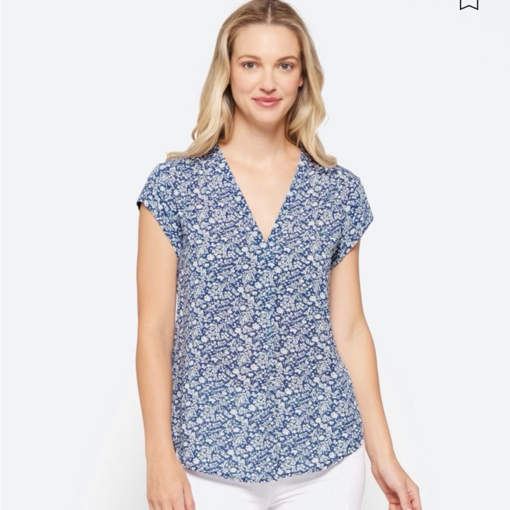 Blue floral V neck blouse, XL